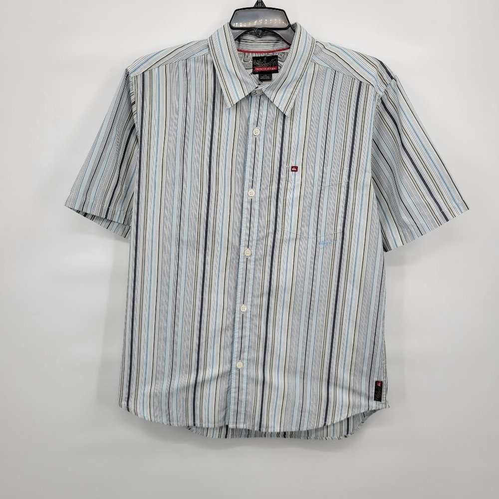 Quiksilver Men Blue Stripes Collared Pocket Short Sleeve Button Up Shirt Size L